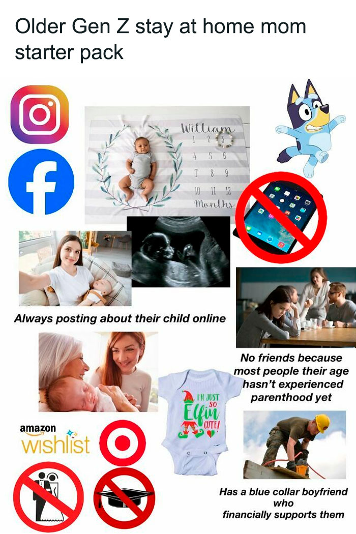 Gen Z stay-at-home mom starter pack, featuring social media icons and baby essentials, humorously detailed.