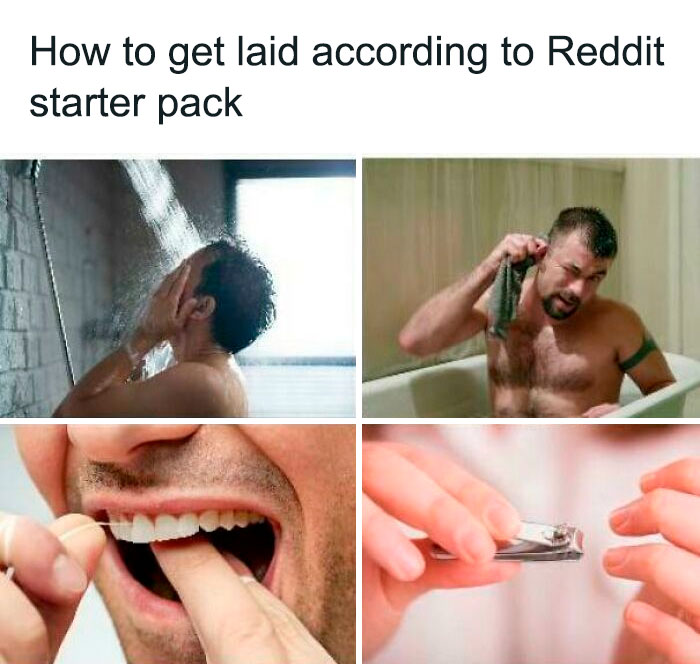 Hilarious starter pack showing personal grooming activities: showering, scrubbing, flossing, and nail clipping.