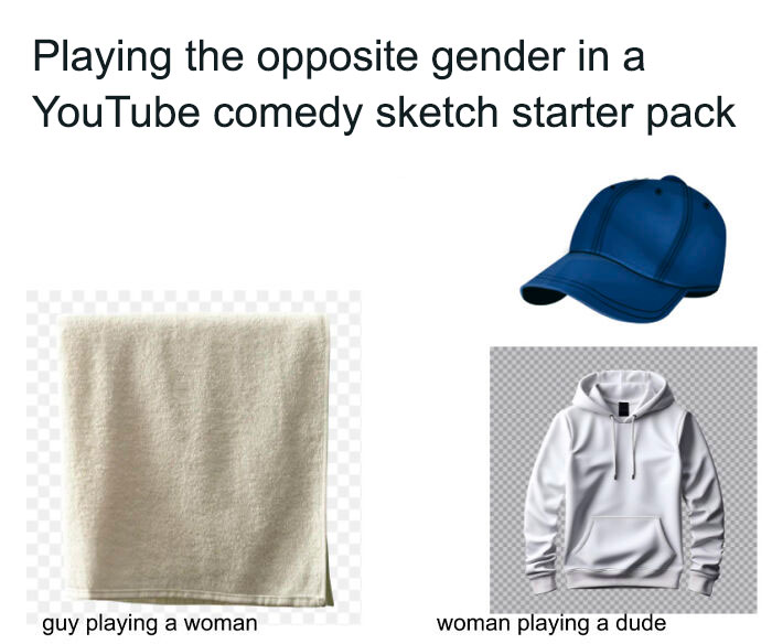 YouTube comedy sketch starter pack with a towel, white hoodie, and blue cap.