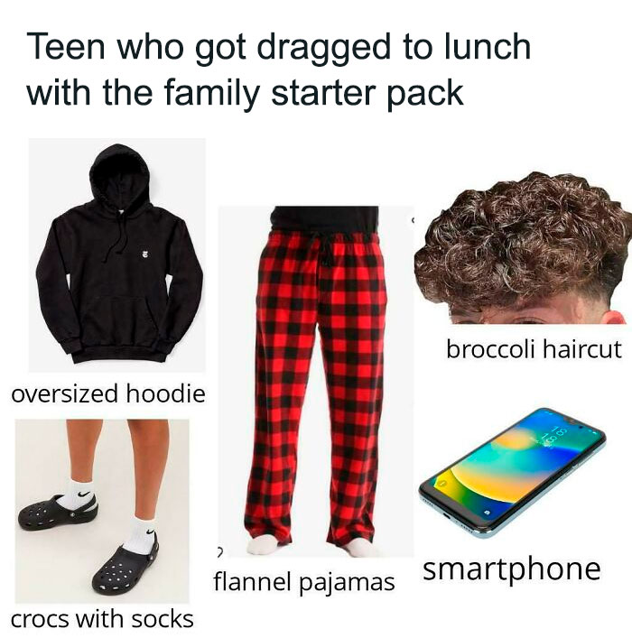 Teen starter pack with oversized hoodie, flannel pajamas, crocs with socks, broccoli haircut, and smartphone.