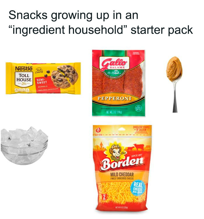 Ingredient household starter pack with chocolate chips, pepperoni, peanut butter, ice cubes, and shredded cheese.