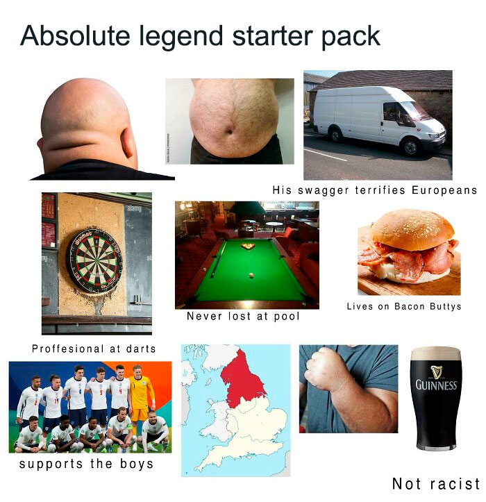 Absolute legend starter pack with darts, pool table, bacon sandwich, and a pint of Guinness.