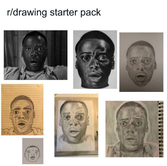 Drawing starter pack with various sketches and artworks of a surprised face.