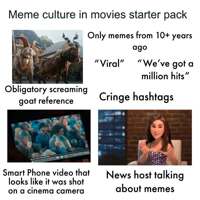 Meme culture starter pack with screaming goat, old memes, cringe hashtags, and news host discussing memes.