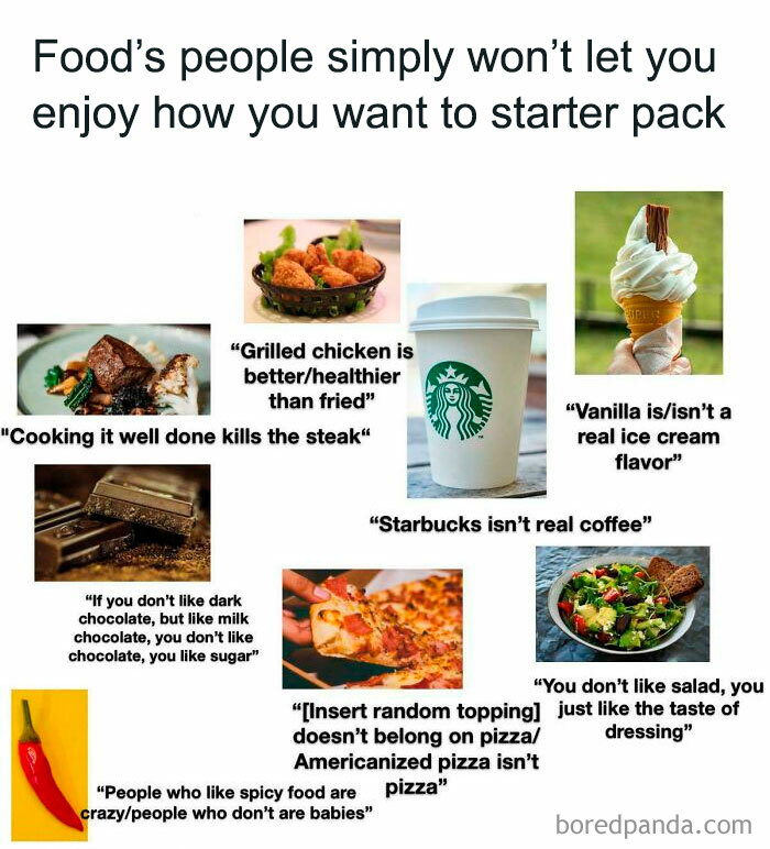 Funny 'starter pack' meme about food preferences featuring various dishes and quotes.