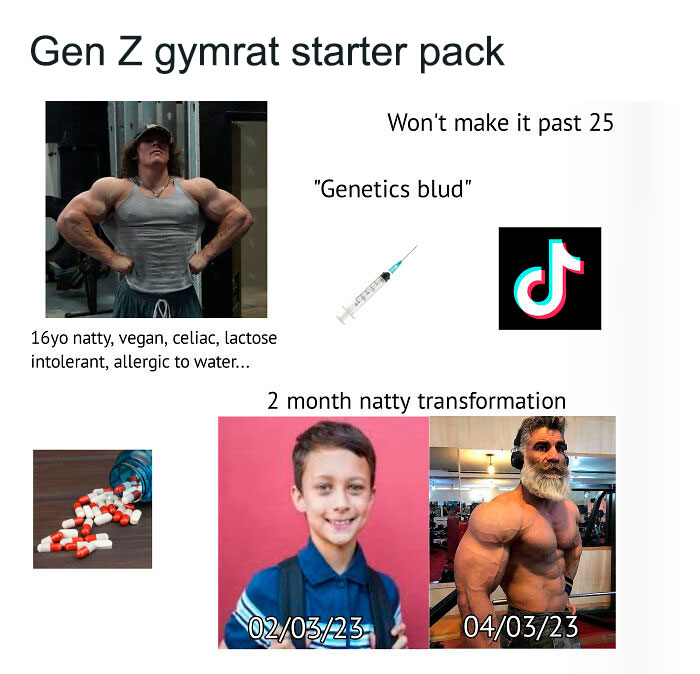 Gen Z gymrat starter pack featuring humorous and accurate elements like transformations and common phrases.