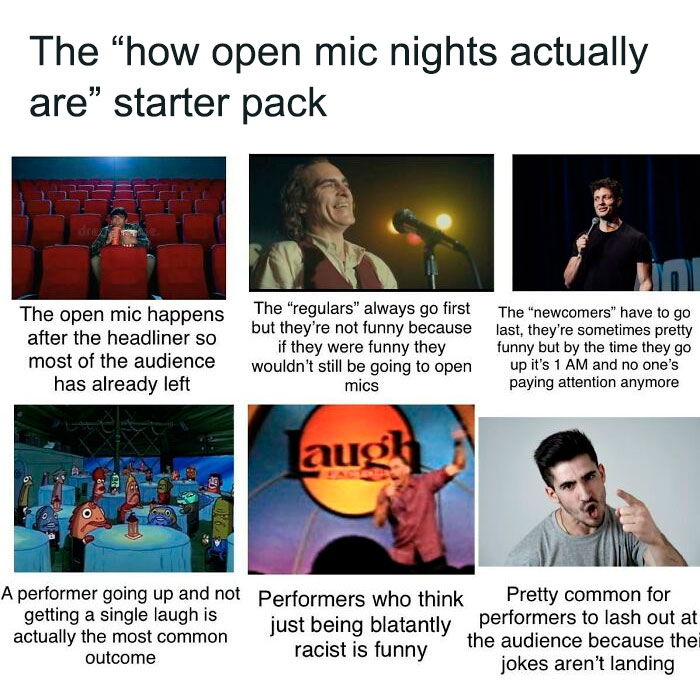 Starter pack humorously depicting the reality of open mic nights with various relatable scenarios and captions.