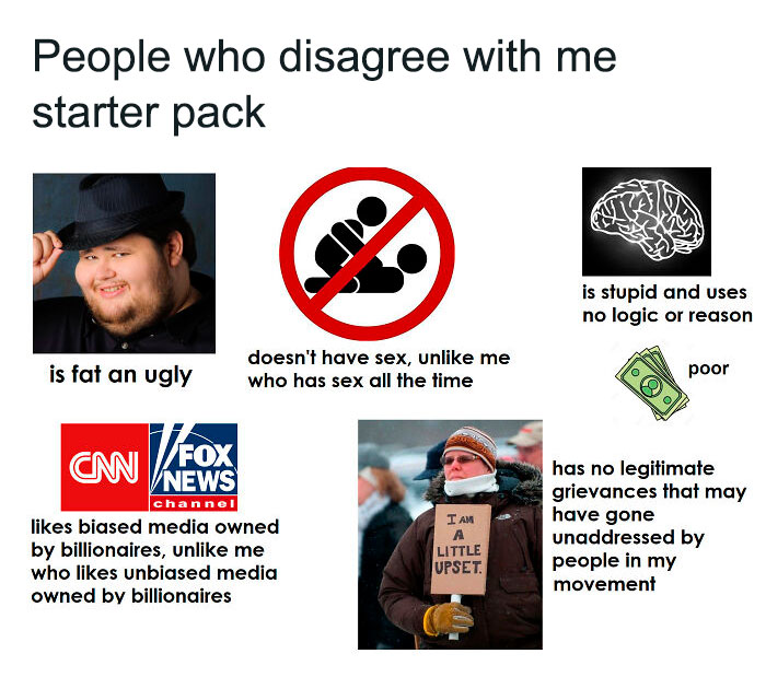 Starter pack meme humorously depicting stereotypes of people who disagree with me, featuring various satirical icons.