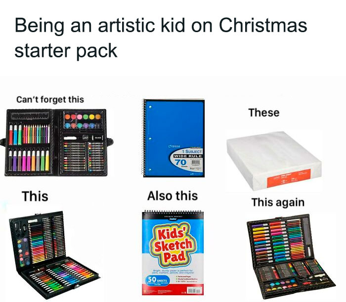 Artistic kid on Christmas starter pack with art supplies, notebooks, and sketch pads.