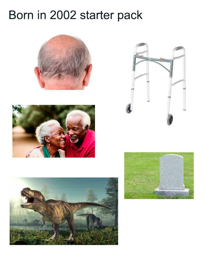 "Humorous starter pack with balding head, walker, elderly couple, T-Rex, and tombstone."