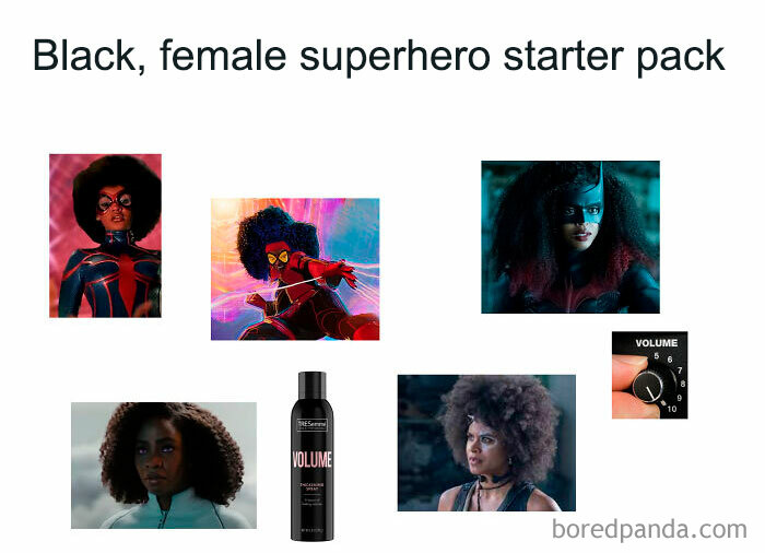 Black female superhero starter pack featuring characters, hair products, and volume control.