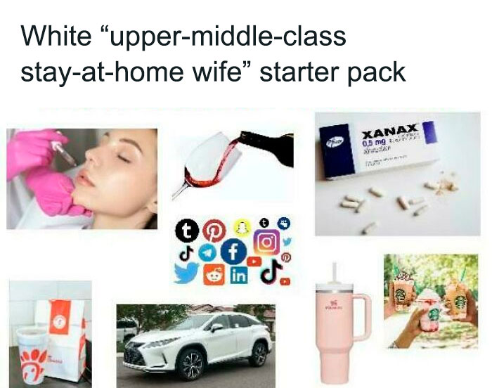 Upper-middle-class stay-at-home wife starter pack with spa treatment, social media, Xanax, luxury car, and coffee.