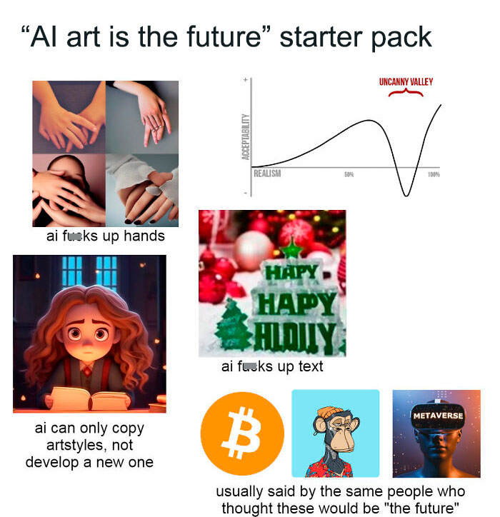 AI art starter pack with funny text errors, uncanny valley chart, and crypto references.