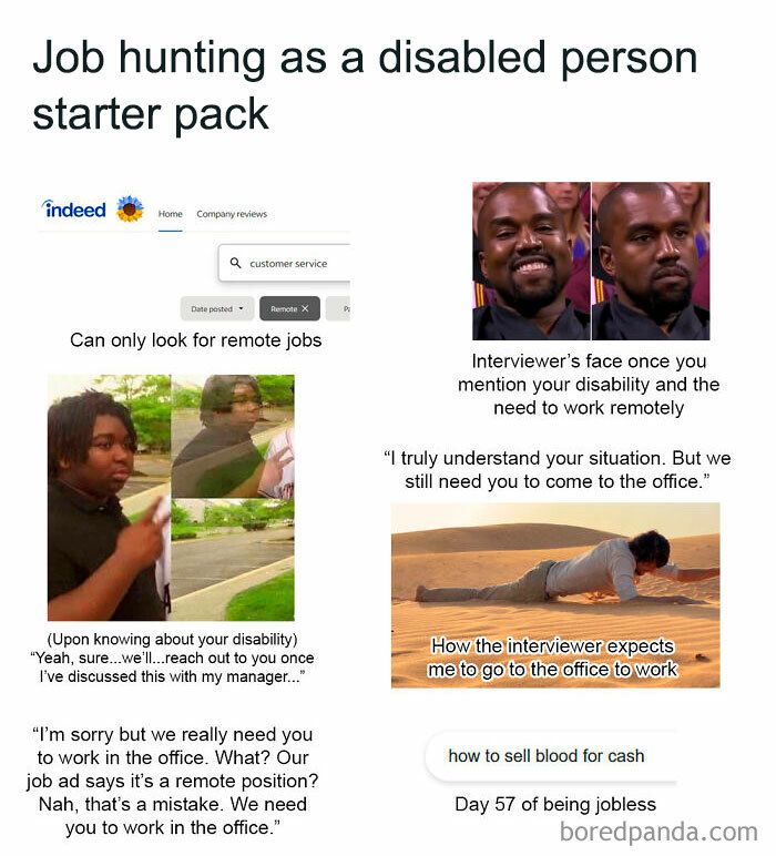 "Funny starter pack about job hunting as a disabled person, highlighting challenges in finding remote work and employer responses."