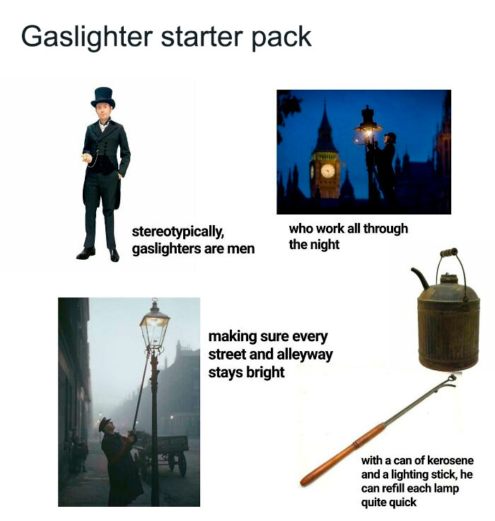 Gaslighter starter pack with images of a man in a top hat, night street scene, lighting lamp, and lantern equipment.