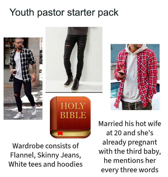 Youth pastor starter pack with flannel shirts, skinny jeans, Bible, and lifestyle references.