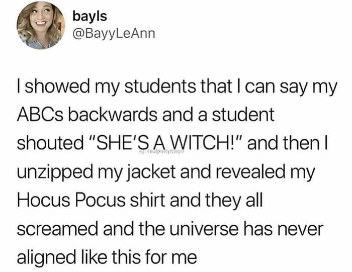 A teacher shares a heartwarming moment with students involving a backward ABC recital and a Hocus Pocus shirt reveal.