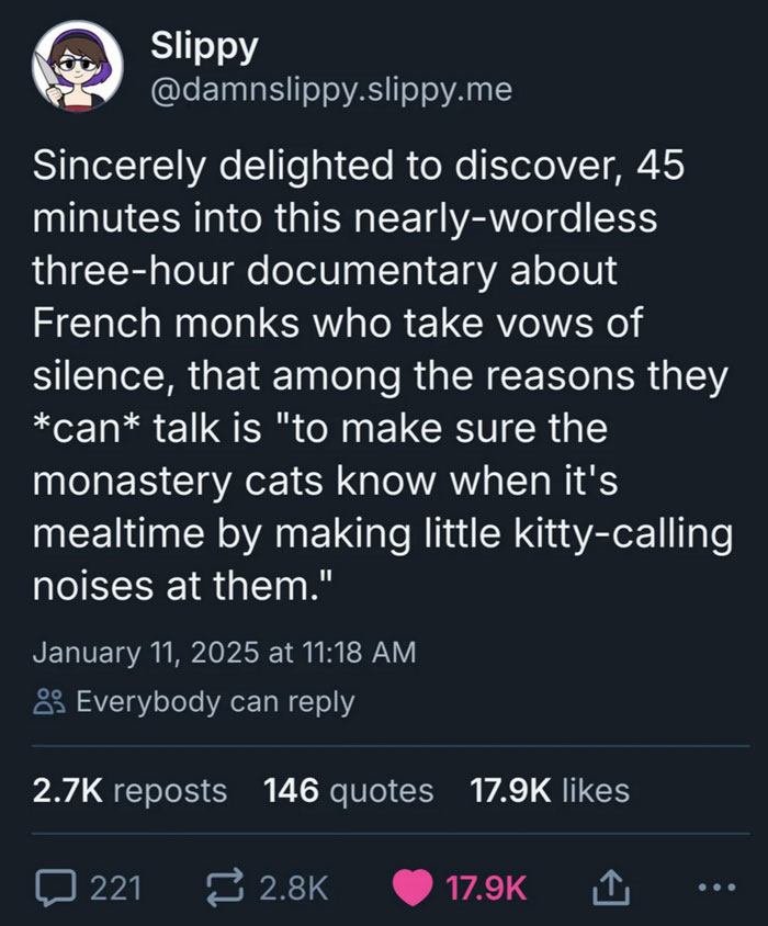 Tweet about French monks breaking silence to feed cats, showing kindness exists.