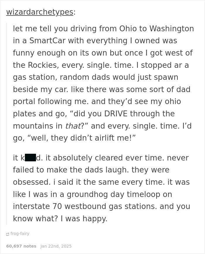 Text post describing a humorous encounter during a road trip, highlighting kindness and shared laughter.