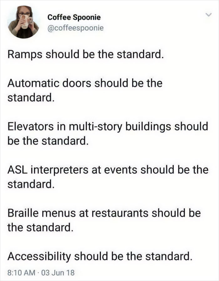 A tweet from Coffee Spoonie promoting kindness and accessibility, suggesting inclusive standards in public spaces.