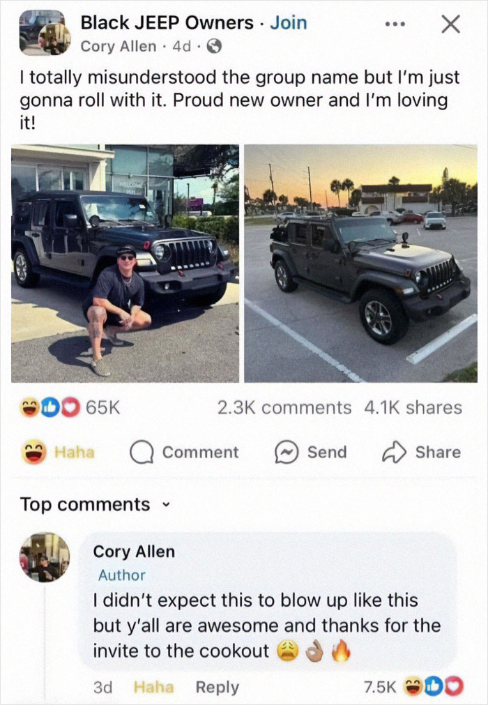 Man with a Jeep shares a heartwarming post about joining a car group, showing kindness and humor in online interactions.