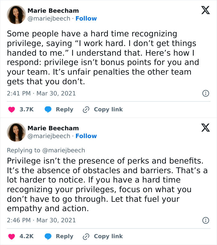 Tweets discussing privilege, empathy, and action. Heartwarming reminder of kindness and understanding in social awareness.