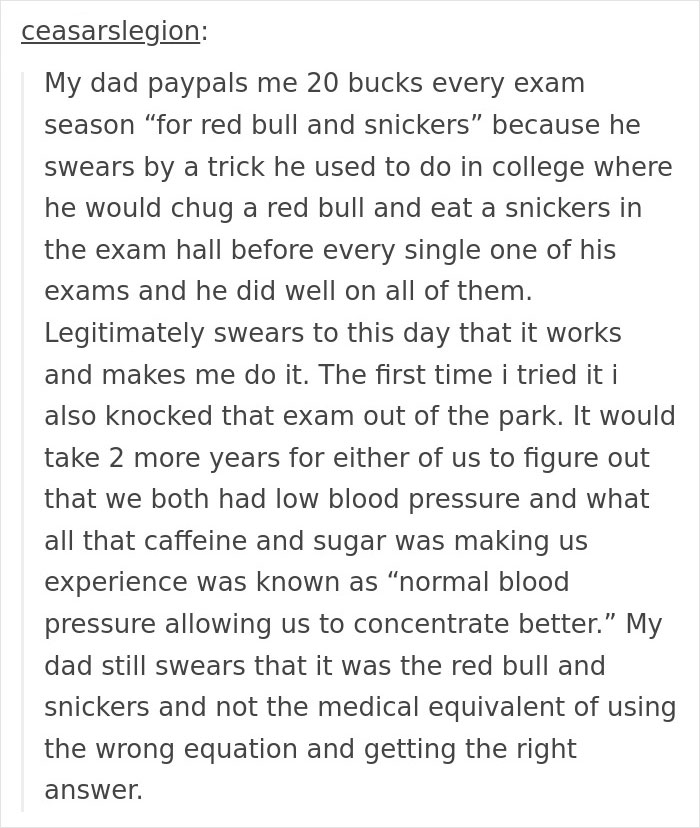 Text post about dad sending $20 for energy snacks during exams, highlighting a heartwarming kindness moment.