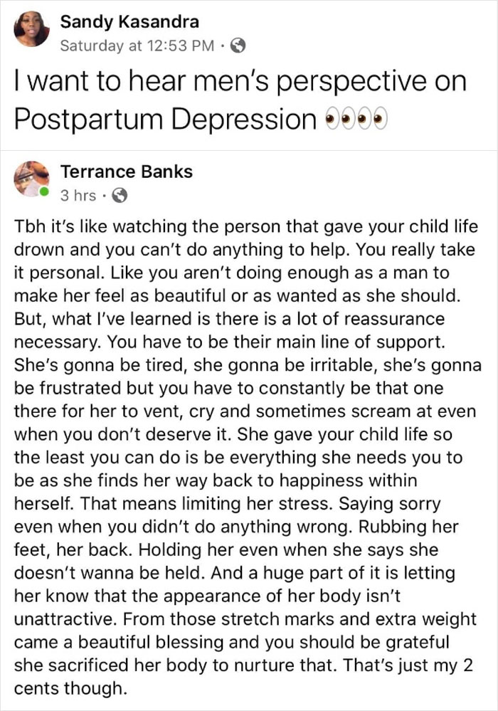 Text conversation discussing men's perspectives and support during postpartum depression, showing kindness and empathy.