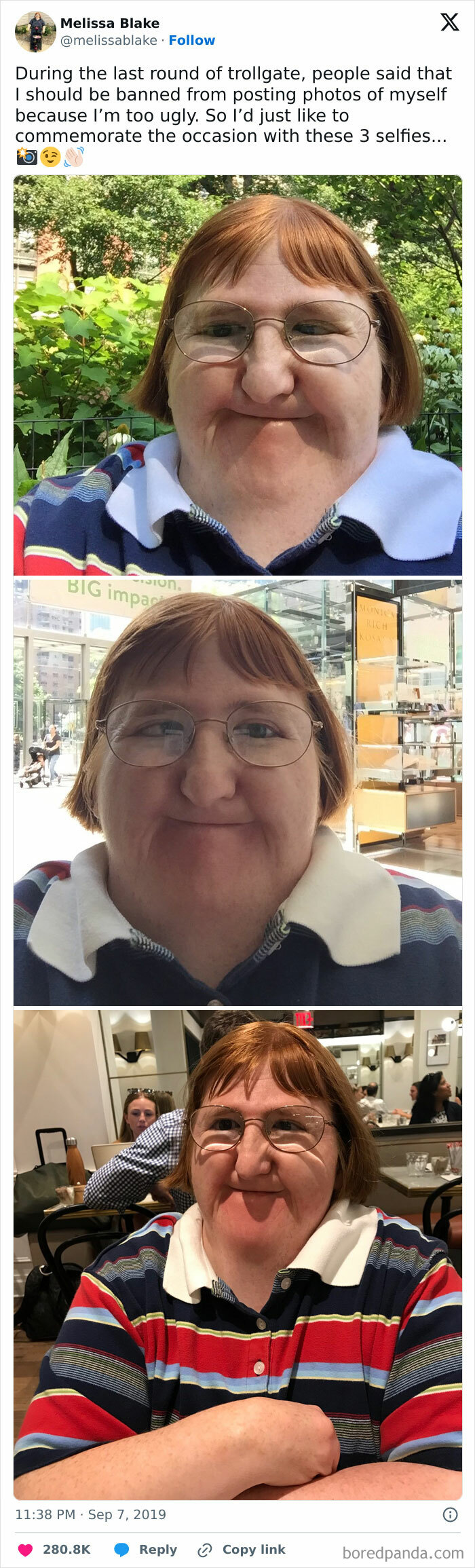 Woman smiling in three selfies, showing confidence and kindness.