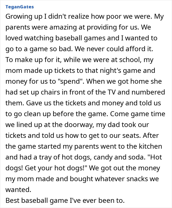 Text recounts heartwarming childhood memory of a homemade baseball game setup by parents.