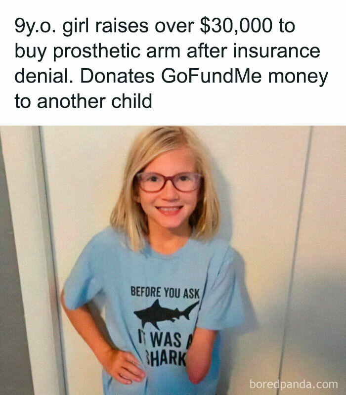 Girl showing kindness by raising funds for prosthetic arm, then donating to another child.