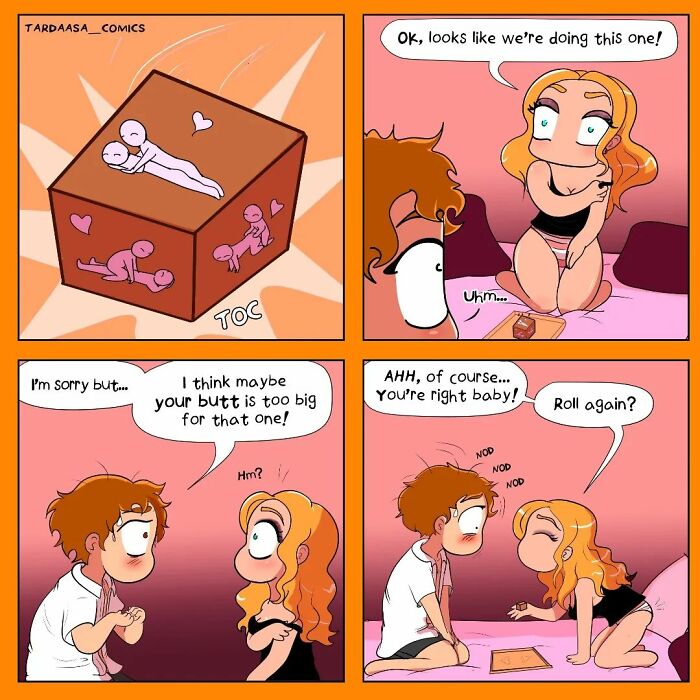 A comic about a humorous moment in a relationship with a couple sitting on a bed, rolling dice with positions.