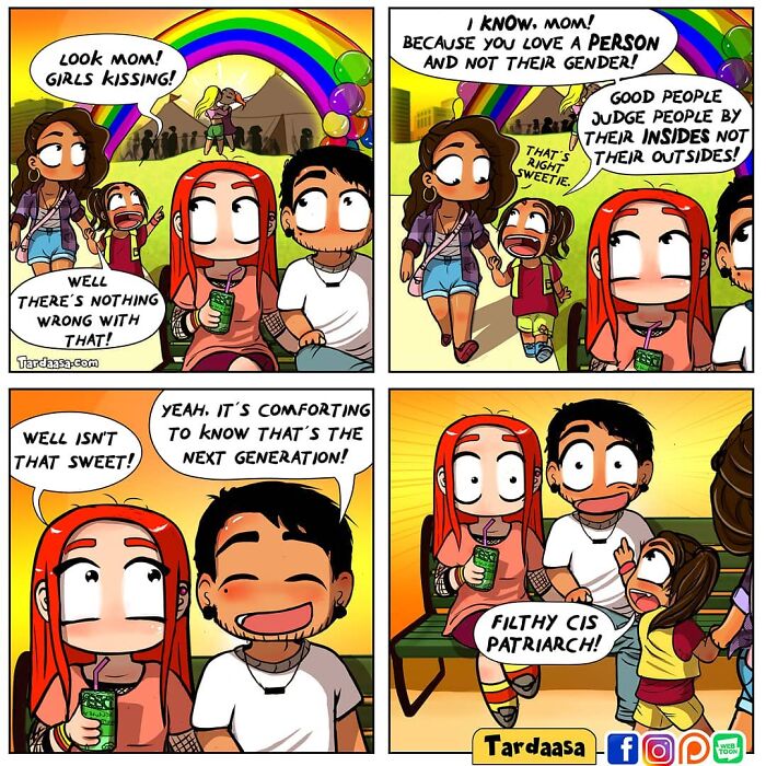 Comic illustration humorously depicting a conversation about gender and relationships at a pride parade.