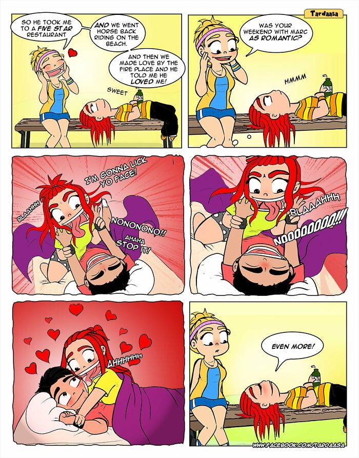 Comic scene humorously depicting girl's experiences and relationship moments in a playful, romantic setting.