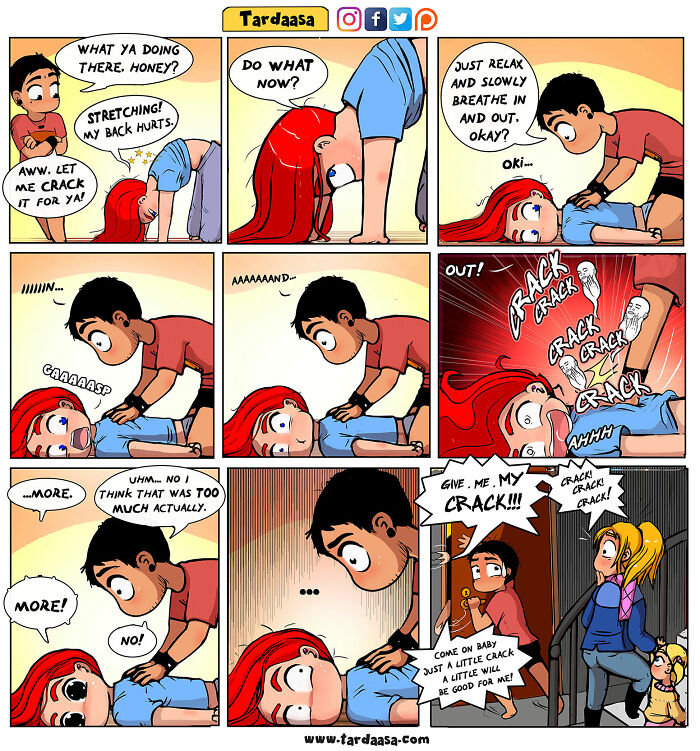 Comic strip humorously depicting a girl getting her back cracked by a partner, highlighting relationship quirks.