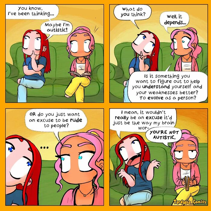 Two girls on a couch discussing autism, capturing funny relationship dynamics in a comic strip.