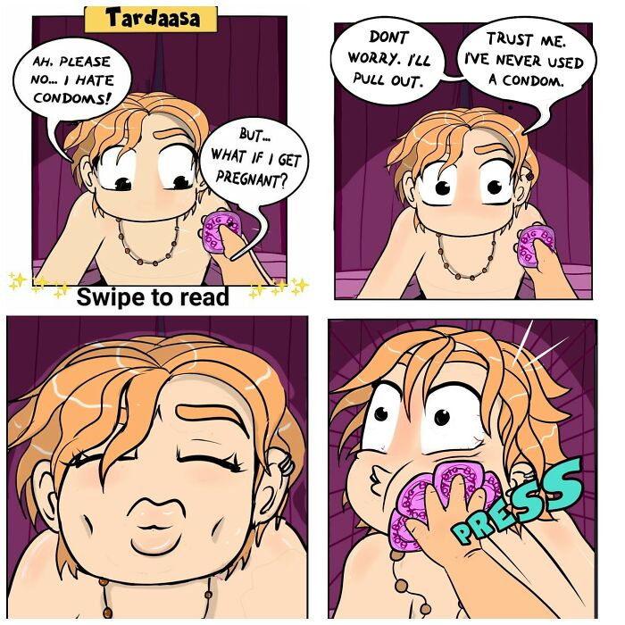 Comic illustration about being a girl and relationships, featuring a humorous scene with a condom and a surprised expression.