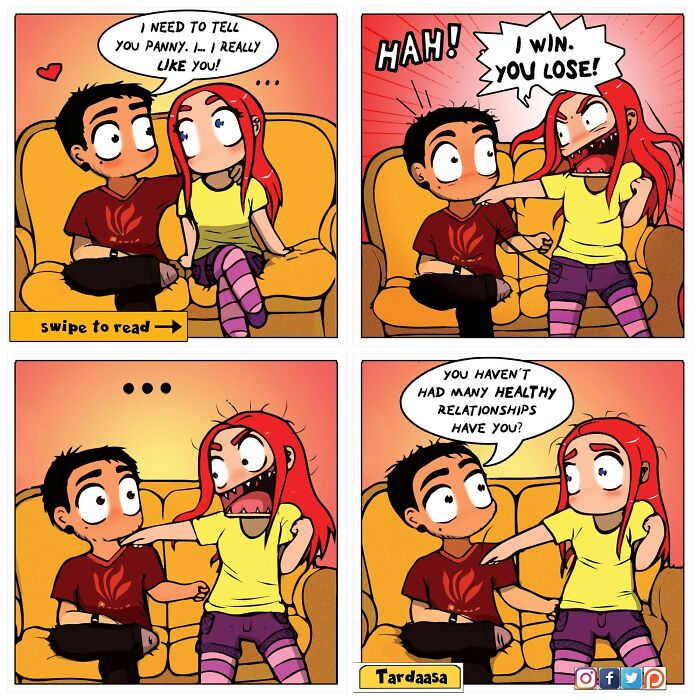 Comic of a couple on a couch humorously depicting being a girl in relationships, with playful expressions and dialogue.