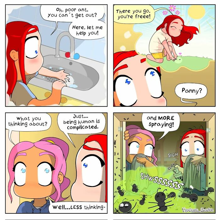 Comic strip depicting a humorous interaction between two girls freeing and then dealing with ants, showcasing relationship humor.