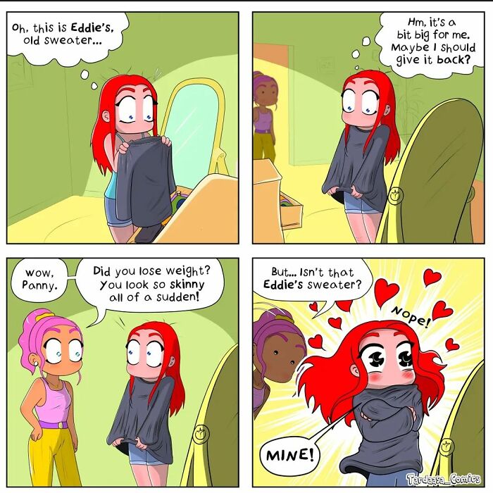 Comic of a girl humorously claiming her boyfriend's oversized sweater, depicting funny aspects of relationships.