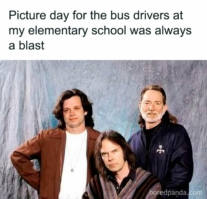 Three men posing humorously in front of a backdrop, capturing Gen X humor.