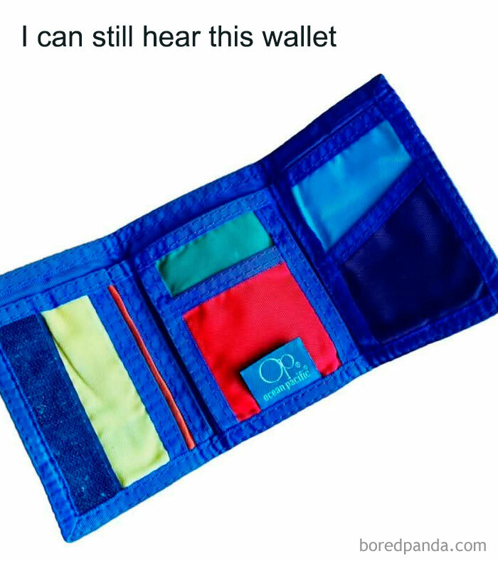 Gen X colorful fabric wallet evokes nostalgia with humorous text above.