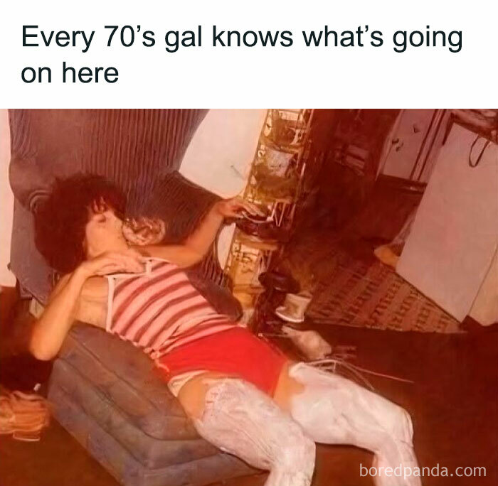 A woman from the 70s lounging in vintage clothing, capturing a funny Gen X moment.