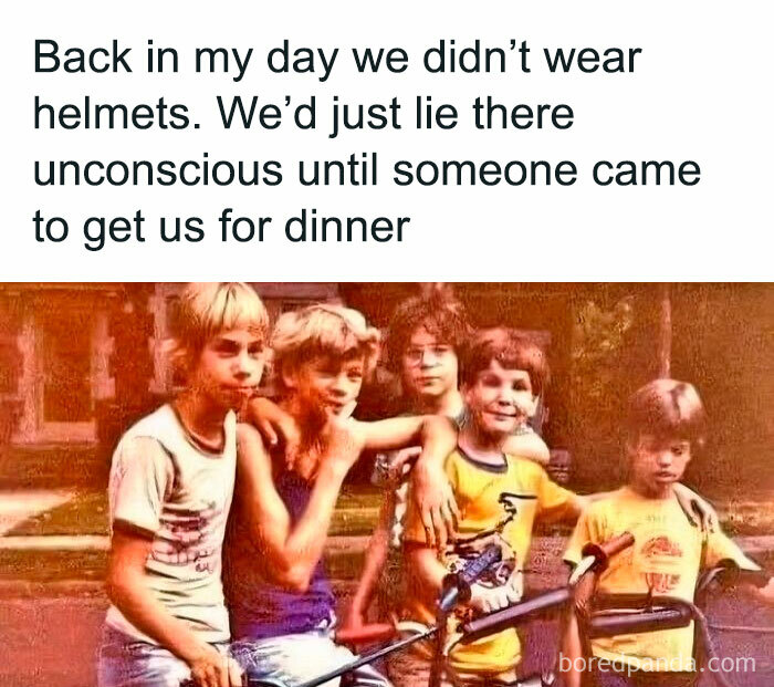 Gen X kids with bikes and humor about not wearing helmets in the past.