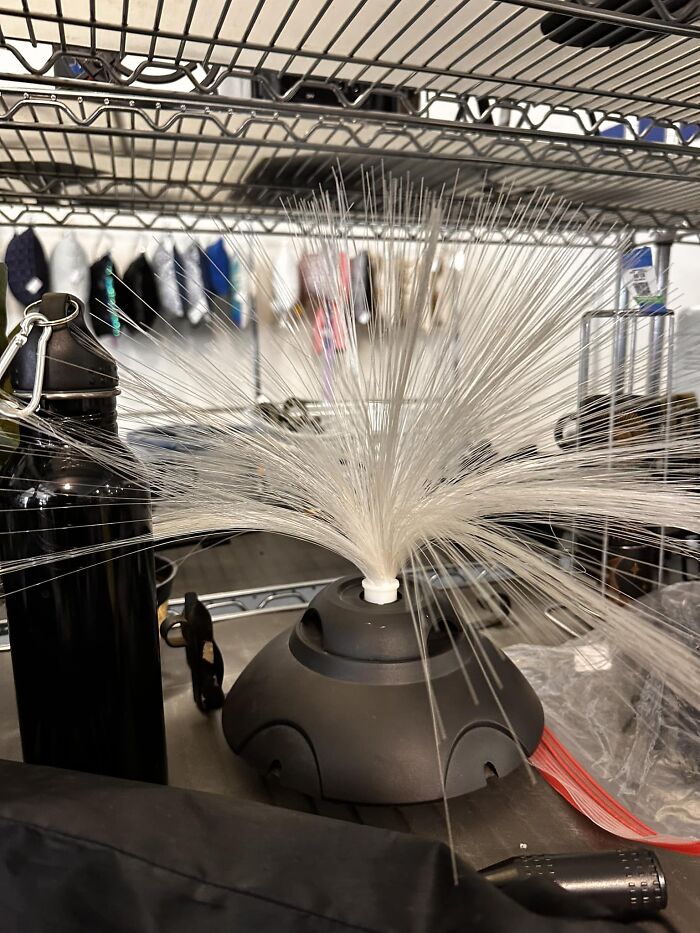 Fiber optic decoration on a shelf with a water bottle, embodying typical Gen X nostalgia items.