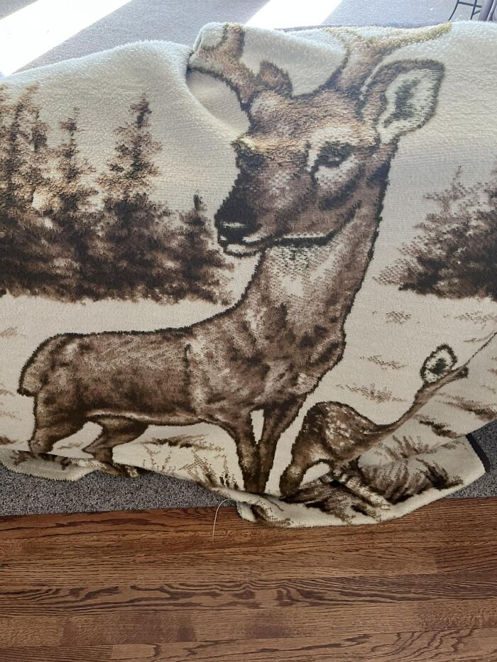 Gen X nostalgia: a vintage deer-themed blanket draped over a chair, showcasing retro design elements.