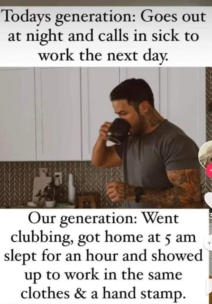 Man drinking coffee, highlighting funny Gen X post comparing work habits of different generations.