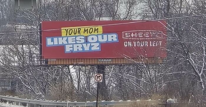 Billboard with Gen X humor saying "Your Mom Likes Our Fryz" in a snowy landscape.