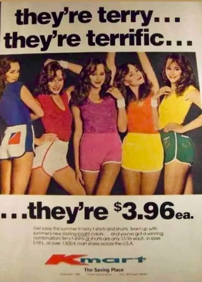 Vintage Gen X ad featuring women in colorful terry outfits, promoting $3.96 fashion from Kmart.