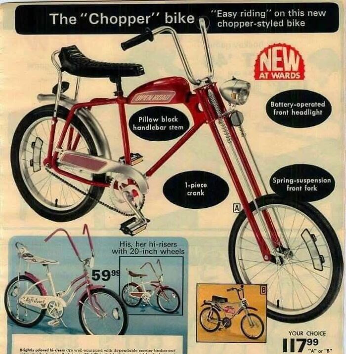 Vintage Gen X ad featuring the "Chopper" bike with a red frame, black seat, and battery-operated headlight.